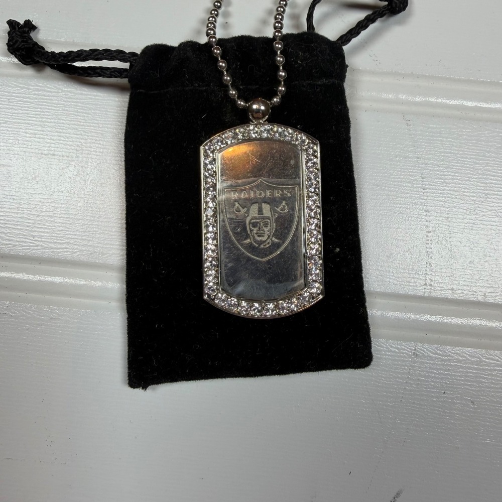 Aminco Las Vegas Raiders NFL Dog Tag Necklace Rhinestone Silver Tone Pendant